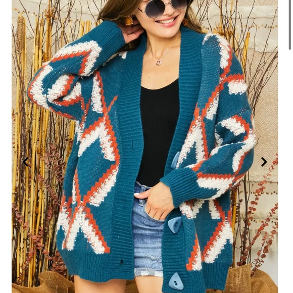 NWT Adora Teal & Orange Geometric Abstract Shaped Button Cardigan One Size - Picture 16 of 16